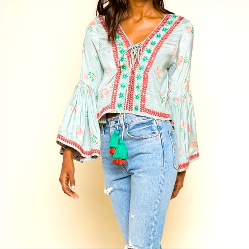 RAGA LODI Gardens Embroidered Boho Blouse Green & Red Size Small 🆕
